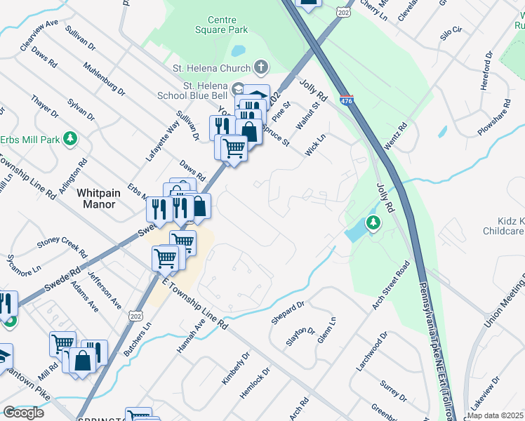 map of restaurants, bars, coffee shops, grocery stores, and more near 1335 McDivitt Drive in Blue Bell