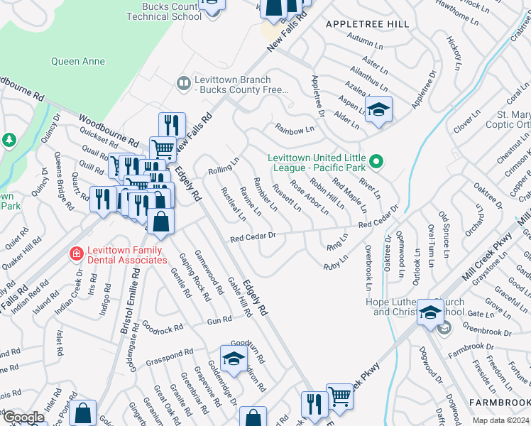map of restaurants, bars, coffee shops, grocery stores, and more near 18 Ravine Lane in Levittown