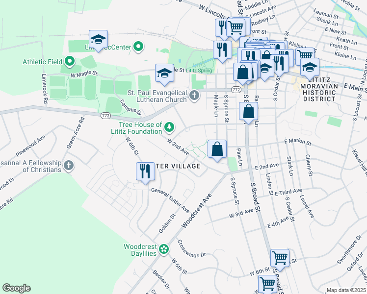 map of restaurants, bars, coffee shops, grocery stores, and more near 521 West 2nd Avenue in Lititz