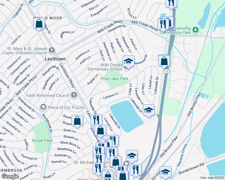 map of restaurants, bars, coffee shops, grocery stores, and more near 142 Lakeside Drive in Levittown