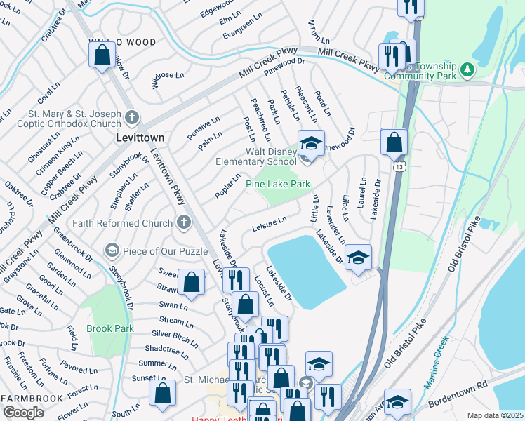 map of restaurants, bars, coffee shops, grocery stores, and more near 132 Lakeside Drive in Levittown