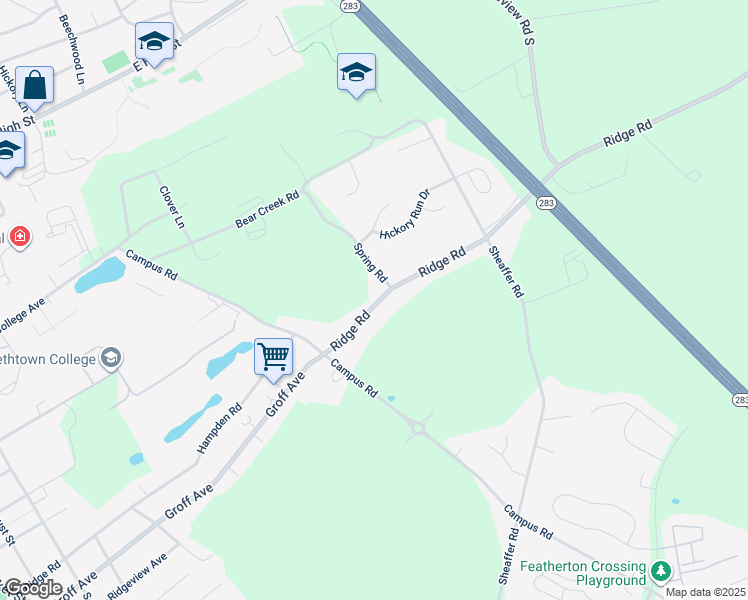 map of restaurants, bars, coffee shops, grocery stores, and more near 1057 Ridge Road in Elizabethtown
