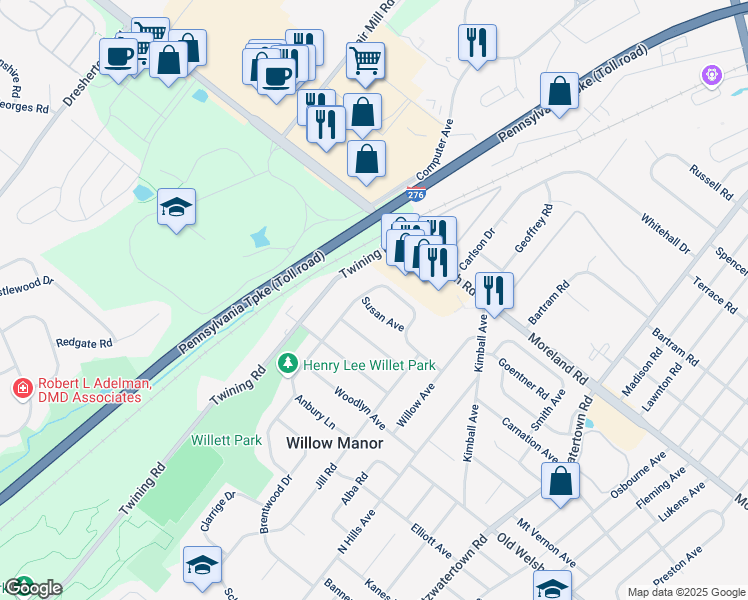 map of restaurants, bars, coffee shops, grocery stores, and more near 1836 Patricia Avenue in Willow Grove