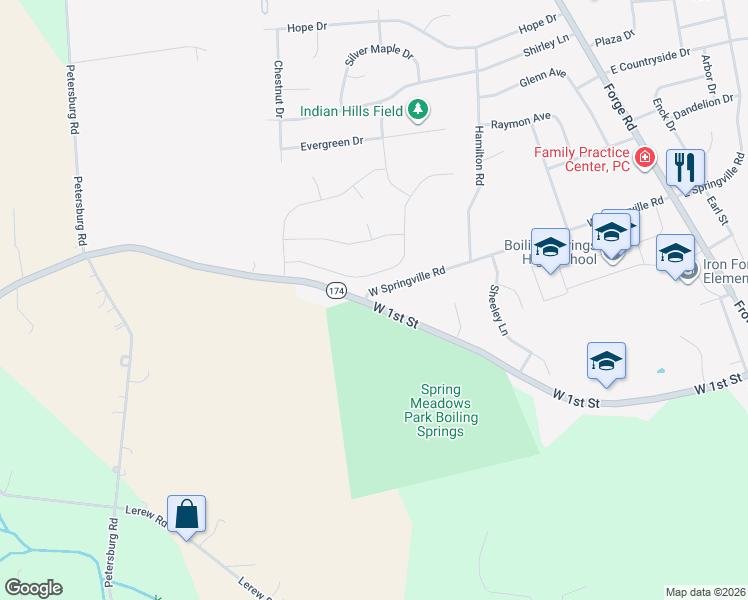 map of restaurants, bars, coffee shops, grocery stores, and more near 223 West Springville Road in Boiling Springs