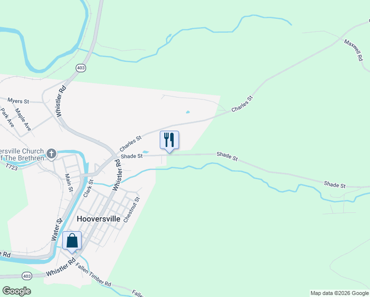 map of restaurants, bars, coffee shops, grocery stores, and more near 224 Shade Street in Hooversville