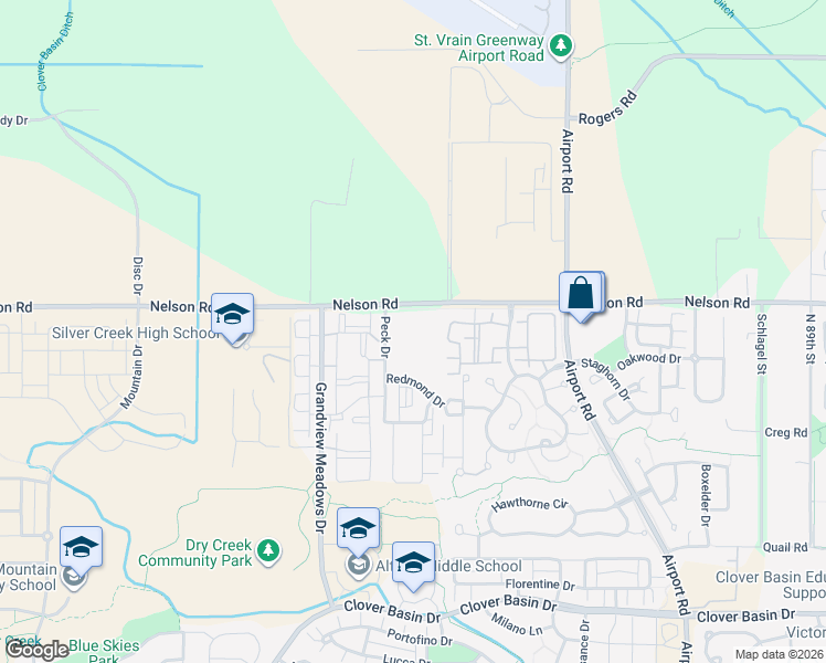 map of restaurants, bars, coffee shops, grocery stores, and more near 630 South Peck Drive in Longmont