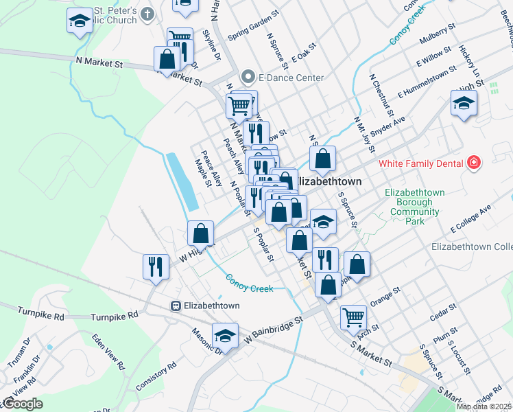 map of restaurants, bars, coffee shops, grocery stores, and more near 15 North Market Street in Elizabethtown