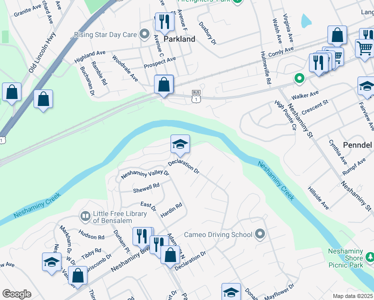 map of restaurants, bars, coffee shops, grocery stores, and more near 3020 Ashley Court in Bensalem