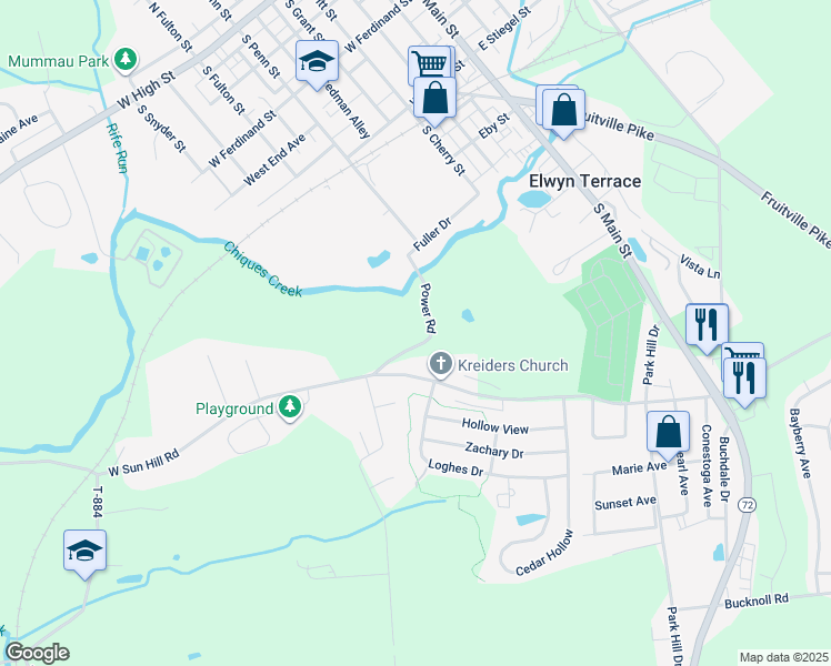 map of restaurants, bars, coffee shops, grocery stores, and more near 550 Power Road in Manheim