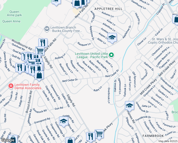map of restaurants, bars, coffee shops, grocery stores, and more near 16 Russett Lane in Levittown