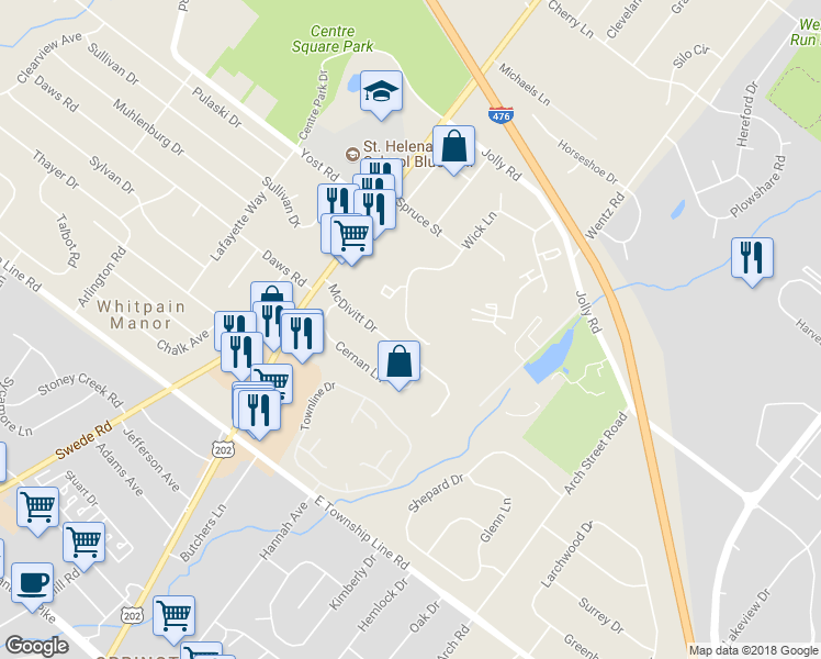 map of restaurants, bars, coffee shops, grocery stores, and more near 700 Wick Lane in Blue Bell