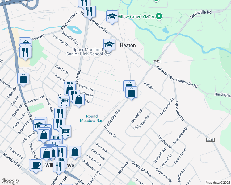 map of restaurants, bars, coffee shops, grocery stores, and more near 106 Brooks Street in Willow Grove