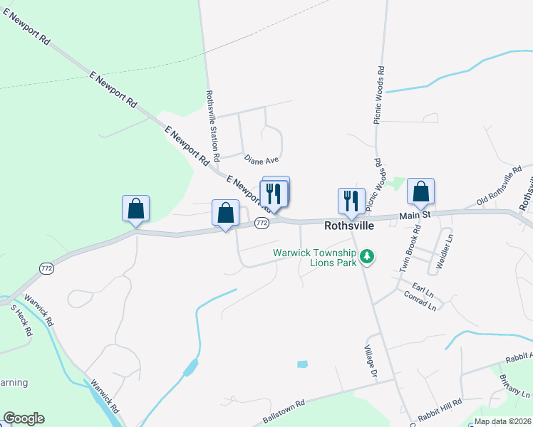 map of restaurants, bars, coffee shops, grocery stores, and more near 1263 East Newport Road in Lititz