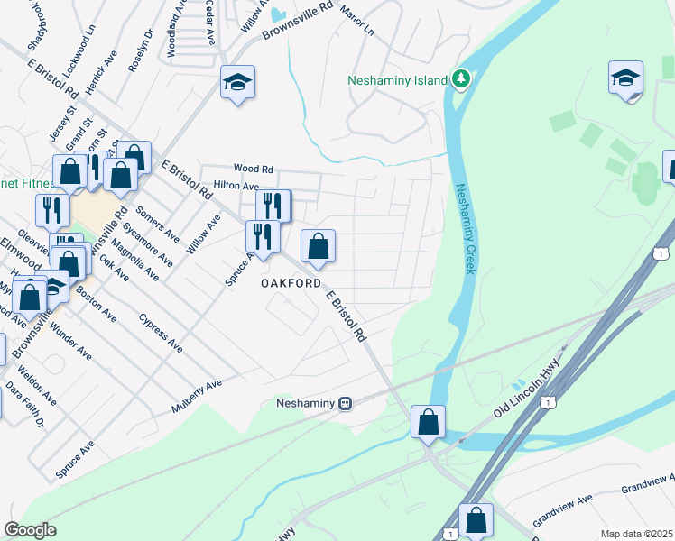 map of restaurants, bars, coffee shops, grocery stores, and more near 1164 Siles Avenue in Feasterville-Trevose