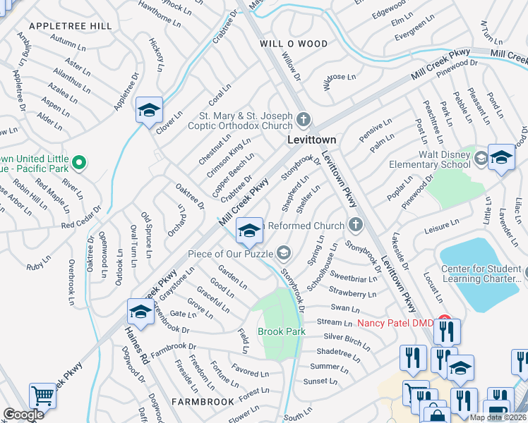 map of restaurants, bars, coffee shops, grocery stores, and more near 342 Stonybrook Drive in Levittown