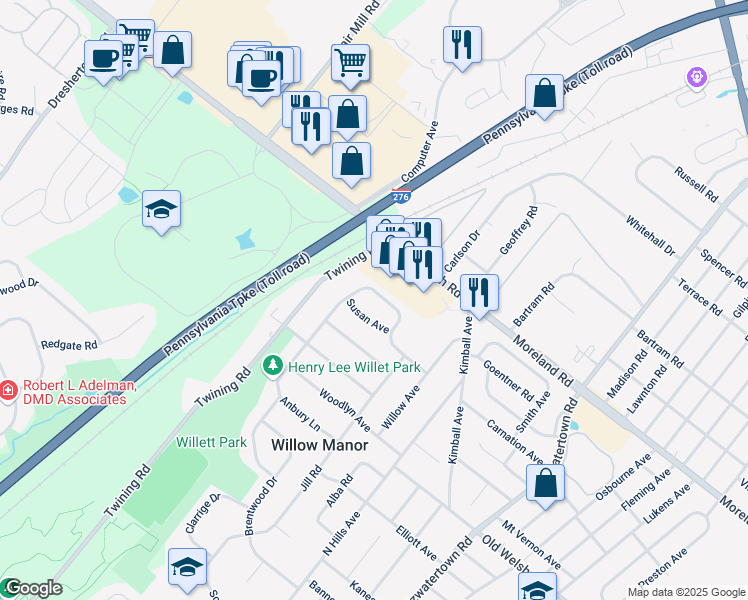 map of restaurants, bars, coffee shops, grocery stores, and more near 143 Maple Avenue in Willow Grove