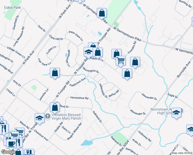 map of restaurants, bars, coffee shops, grocery stores, and more near 610 Greentree Lane in Norristown