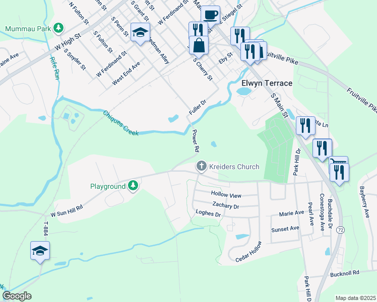 map of restaurants, bars, coffee shops, grocery stores, and more near 550 Power Road in Manheim