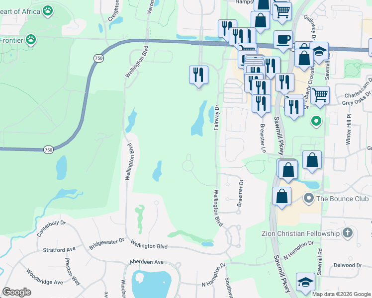 map of restaurants, bars, coffee shops, grocery stores, and more near 10158 Windsor Way in Powell
