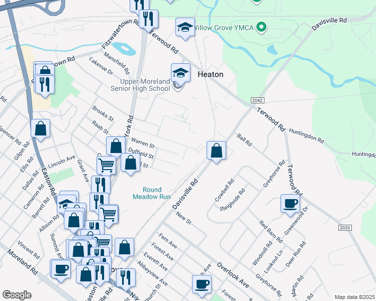 map of restaurants, bars, coffee shops, grocery stores, and more near 106 Brooks Street in Willow Grove
