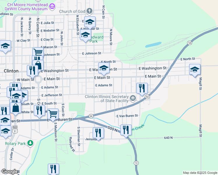 map of restaurants, bars, coffee shops, grocery stores, and more near 922 East Adams Street in Clinton