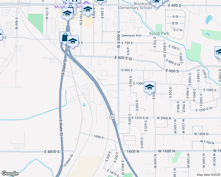 map of restaurants, bars, coffee shops, grocery stores, and more near 383 1050 South in Springville