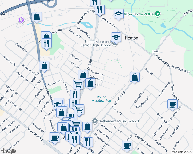 map of restaurants, bars, coffee shops, grocery stores, and more near 237 Duffield Street in Willow Grove