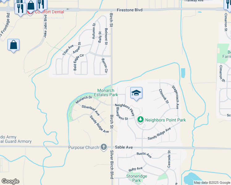 map of restaurants, bars, coffee shops, grocery stores, and more near 10413 Bluegrass Street in Longmont