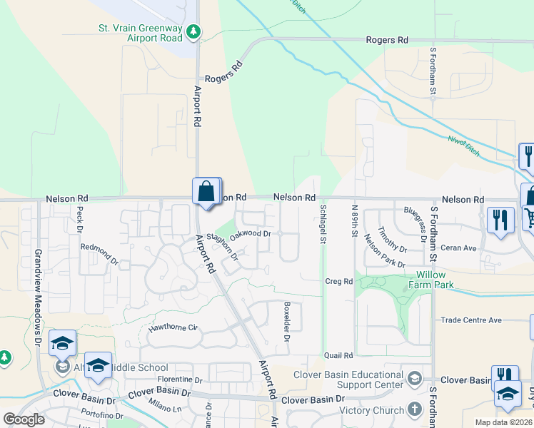 map of restaurants, bars, coffee shops, grocery stores, and more near 3650 Oakwood Drive in Longmont