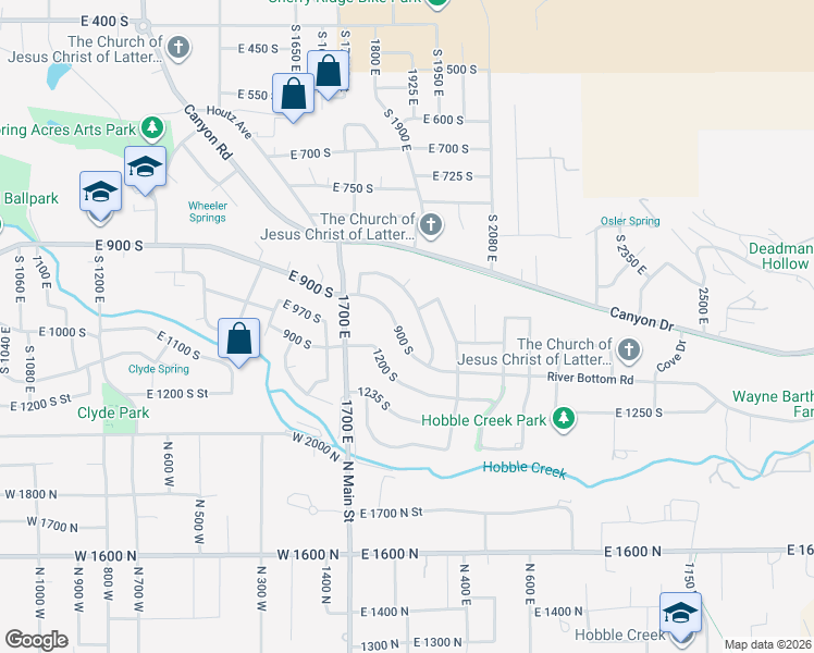 map of restaurants, bars, coffee shops, grocery stores, and more near 1038 1900 East in Springville