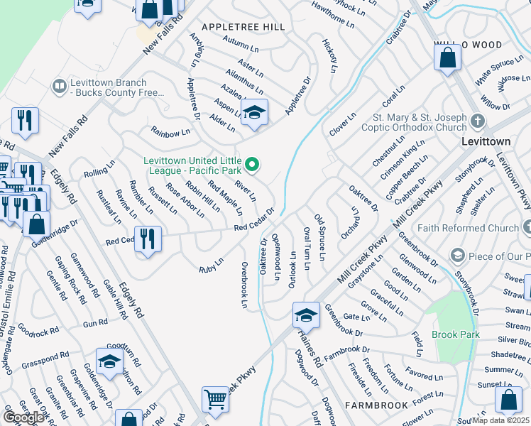 map of restaurants, bars, coffee shops, grocery stores, and more near 143 Red Cedar Drive in Levittown
