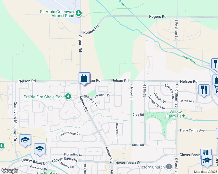 map of restaurants, bars, coffee shops, grocery stores, and more near 3650 Oakwood Drive in Longmont