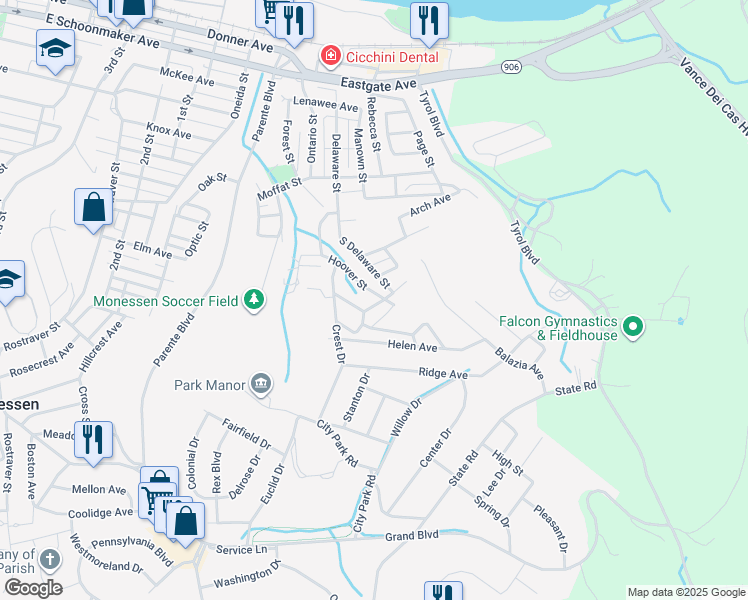 map of restaurants, bars, coffee shops, grocery stores, and more near 769 Hoover St in Monessen