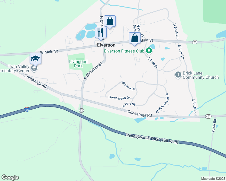 map of restaurants, bars, coffee shops, grocery stores, and more near 515 Kennelwoods Drive in Elverson