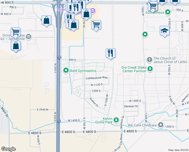 map of restaurants, bars, coffee shops, grocery stores, and more near 1652 West 1065 South in Springville