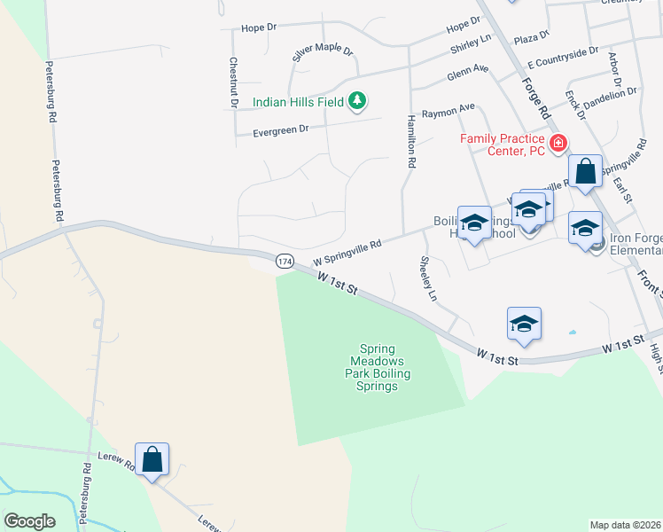 map of restaurants, bars, coffee shops, grocery stores, and more near 223 West Springville Road in Boiling Springs