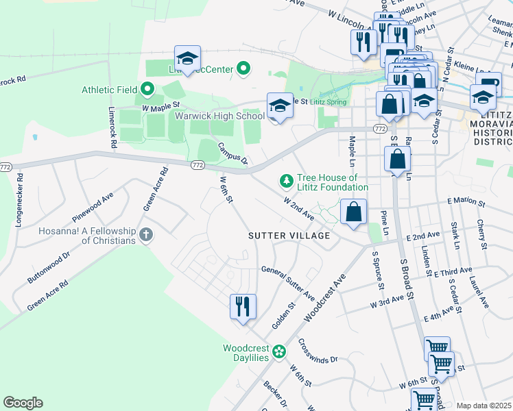 map of restaurants, bars, coffee shops, grocery stores, and more near 548 Spring Avenue in Lititz