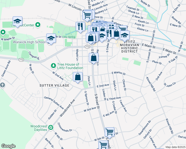 map of restaurants, bars, coffee shops, grocery stores, and more near 243 South Broad Street in Lititz