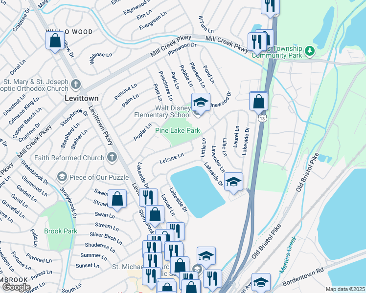 map of restaurants, bars, coffee shops, grocery stores, and more near 152 Lakeside Drive in Levittown
