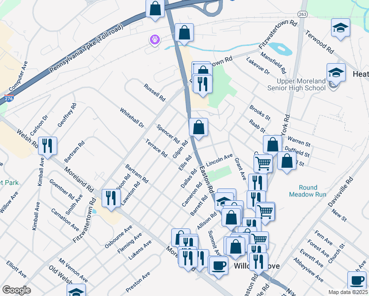map of restaurants, bars, coffee shops, grocery stores, and more near 331 Gilpin Road in Willow Grove