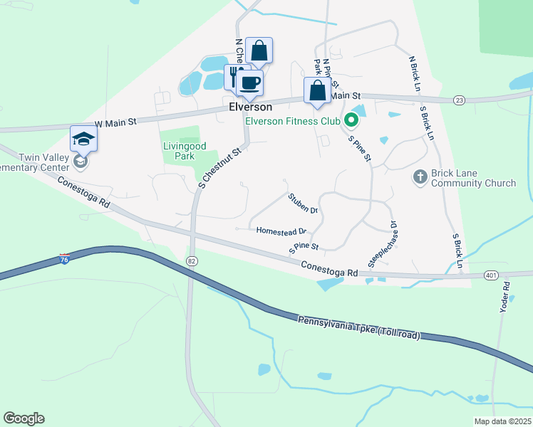 map of restaurants, bars, coffee shops, grocery stores, and more near 515 Kennelwoods Drive in Elverson