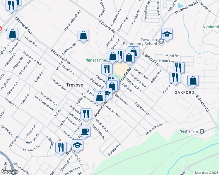 map of restaurants, bars, coffee shops, grocery stores, and more near 659 Clearview Avenue in Feasterville-Trevose