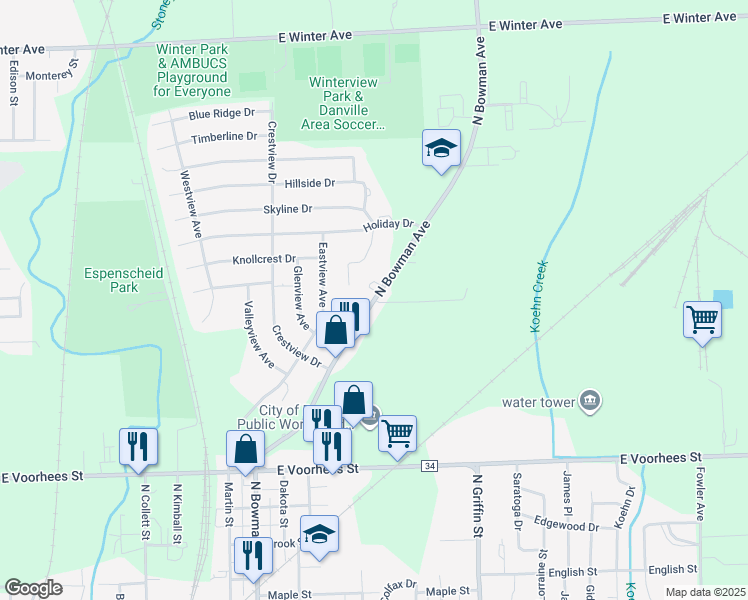 map of restaurants, bars, coffee shops, grocery stores, and more near 1600 North Bowman Avenue in Danville