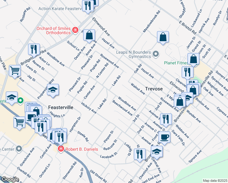 map of restaurants, bars, coffee shops, grocery stores, and more near 322 Woodbine Avenue in Feasterville-Trevose