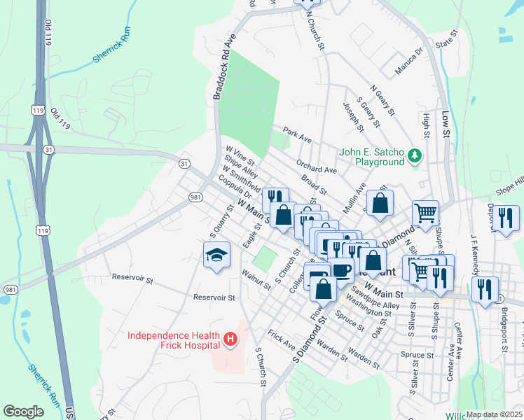 map of restaurants, bars, coffee shops, grocery stores, and more near 820 West Main Street in Mount Pleasant