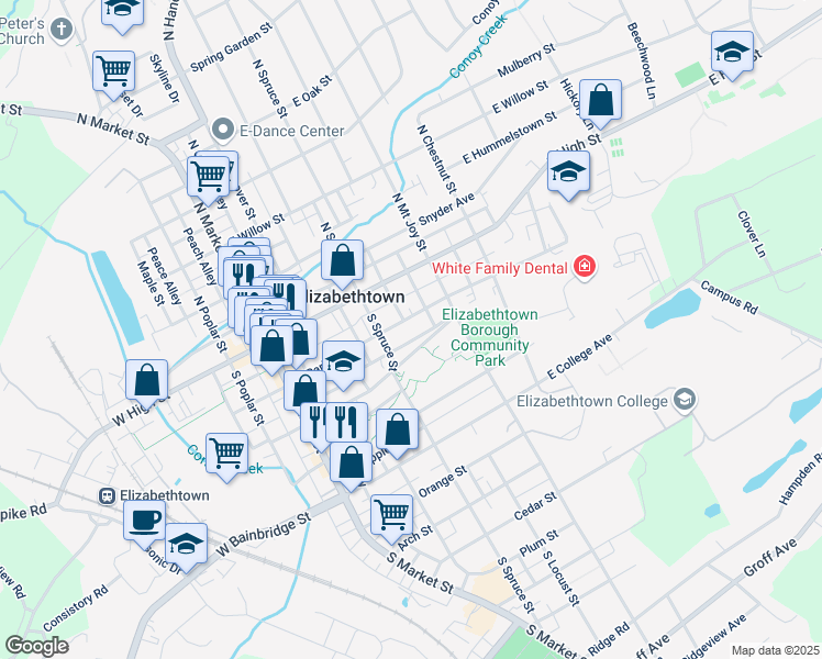 map of restaurants, bars, coffee shops, grocery stores, and more near 290 East Park Street in Elizabethtown