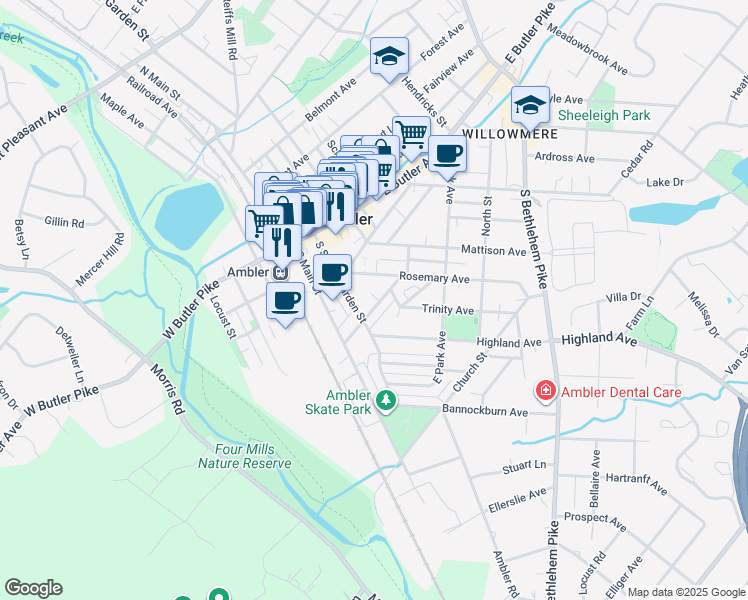map of restaurants, bars, coffee shops, grocery stores, and more near 71 Orange Avenue in Ambler