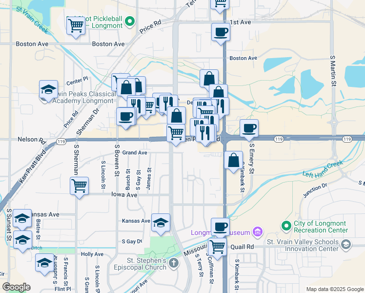 map of restaurants, bars, coffee shops, grocery stores, and more near 841 Ken Pratt Boulevard in Longmont