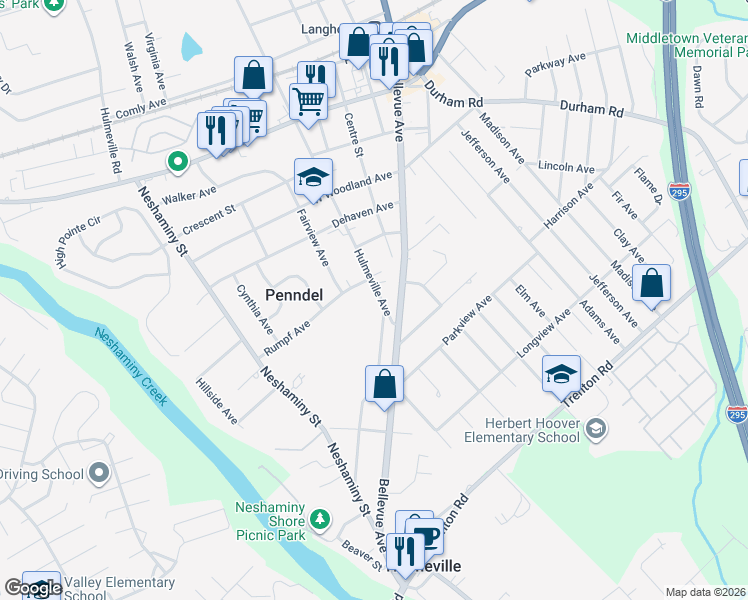 map of restaurants, bars, coffee shops, grocery stores, and more near 572 Hulmeville Avenue in Penndel