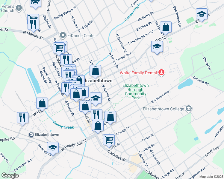 map of restaurants, bars, coffee shops, grocery stores, and more near 260 East Park Street in Elizabethtown